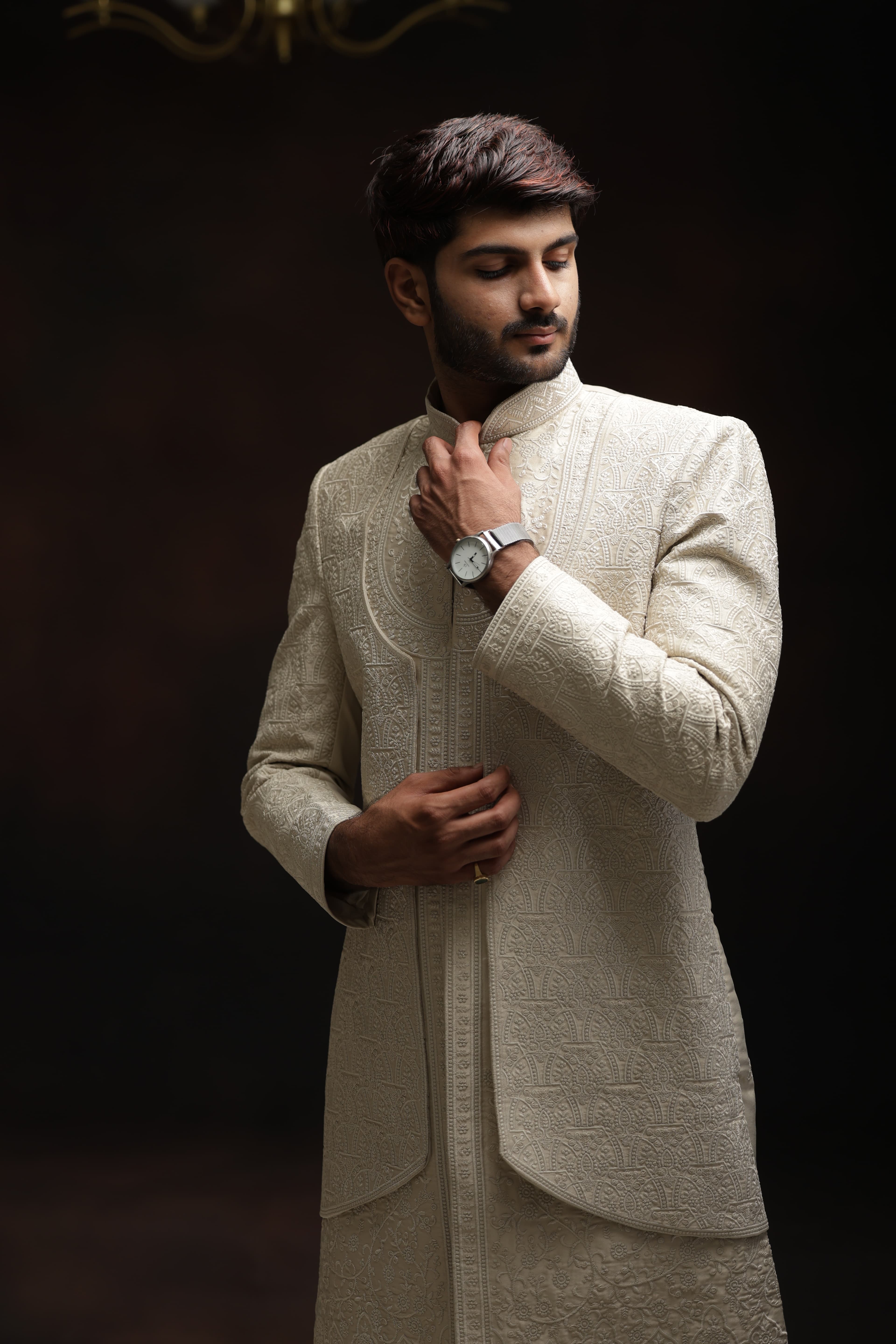 Angrakha Pattern Embroidered Sherwani