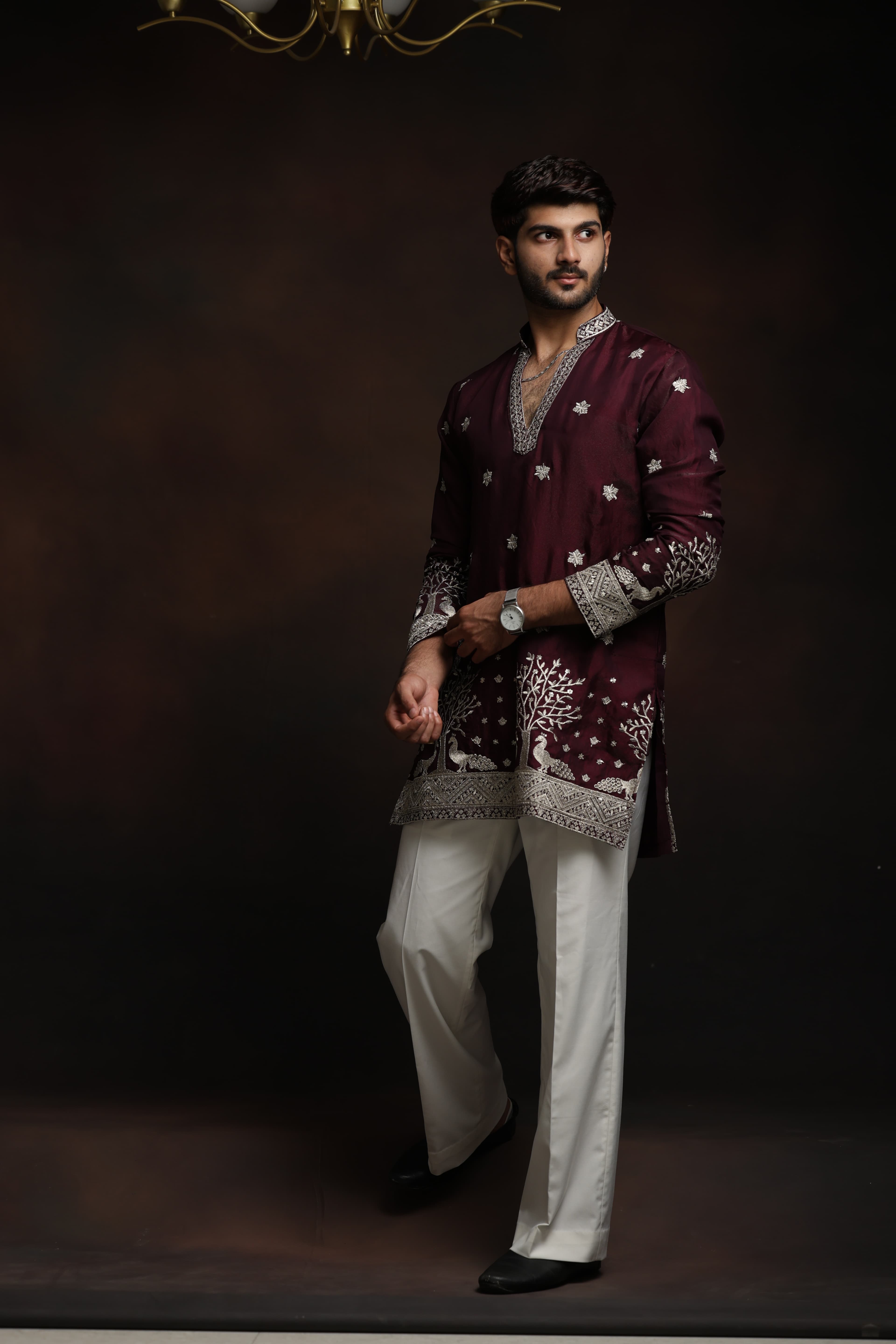 Maroon Peacock Embroidered Kurta